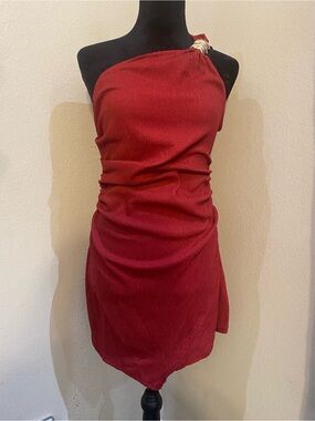 SHEIN One-Shoulder Red Ruched Mini Dress with Ring Detail
